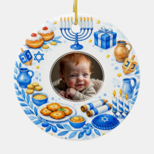 Custom text photo Baby’s First Hanukkah Ceramic Ornament