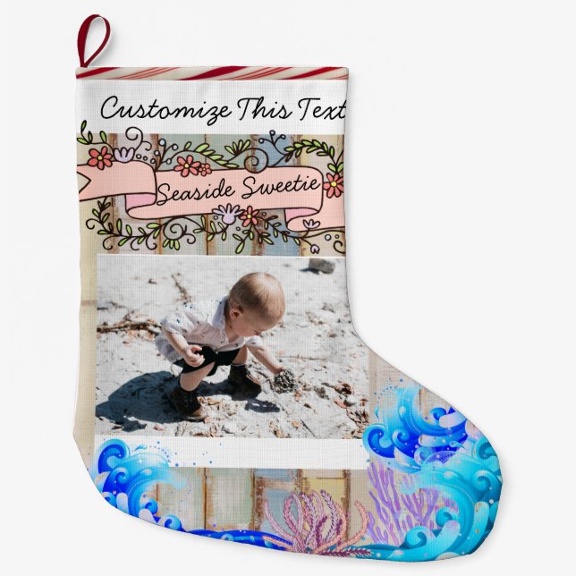 Custom Text/Photo Beach Island Seaside Ocean Large Christmas Stocking (Front)