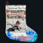 Custom Text/Photo Beach Island Seaside Ocean Large Christmas Stocking<br><div class="desc">If you are taking a vacation to Hawaii, Florida or other warm weather location or if you live in these areas, and you have a tropical Christmas, then this beach mermaid is for you. Custom and personalize this design. To add your own custom text, click on the "abc Personalize This...</div>