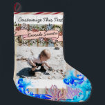Custom Text/Photo Beach Island Seaside Ocean Large Christmas Stocking<br><div class="desc">If you are taking a vacation to Hawaii, Florida or other warm weather location or if you live in these areas, and you have a tropical Christmas, then this beach mermaid is for you. Custom and personalize this design. To add your own custom text, click on the "abc Personalize This...</div>