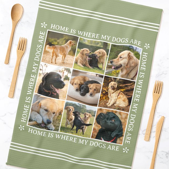 Custom Text Photo Collage Pet Dog Earthy Green Kitchen Towel (Creator Uploaded)