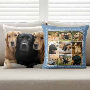 Custom Text Photo Collage Pet Dog Love Blue Throw Pillow