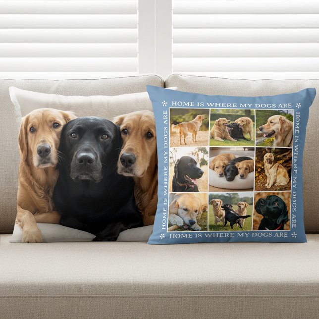 Custom Text Photo Collage Pet Dog Love Blue Throw Pillow (Creator Uploaded)