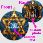 Custom text & photo Happy Hanukkah, Star of David Ceramic Ornament<br><div class="desc">Here’s another beautiful option for your Hanukkah celebrations: the Personalized Hanukkah Star Ornament! This round ceramic ornament features a dazzling Star of David with the text “Happy Hanukkah!” in the centre, set against a cosmic-themed background with rich blue and golden hues. The intricate design adds a festive and elegant touch...</div>