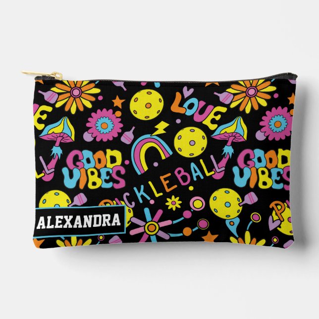 Custom text pickleball Good Vibes” – Black Edition Accessory Pouch (Front)