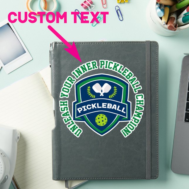 Custom text Pickleball green and blue (Cool pickleball sticker with customizable text around main graphic. Great to decorate your items!)