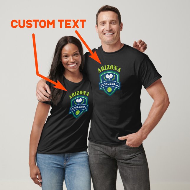 Custom text Pickleball  T-Shirt (Custom text. Green and navy pickleball emblem with 2 pickleball paddles and pickle ball. Great gift)