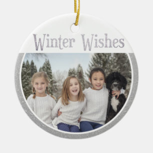 Custom Text/Pics Winter Snow Faux Silver Glitter Ceramic Ornament
