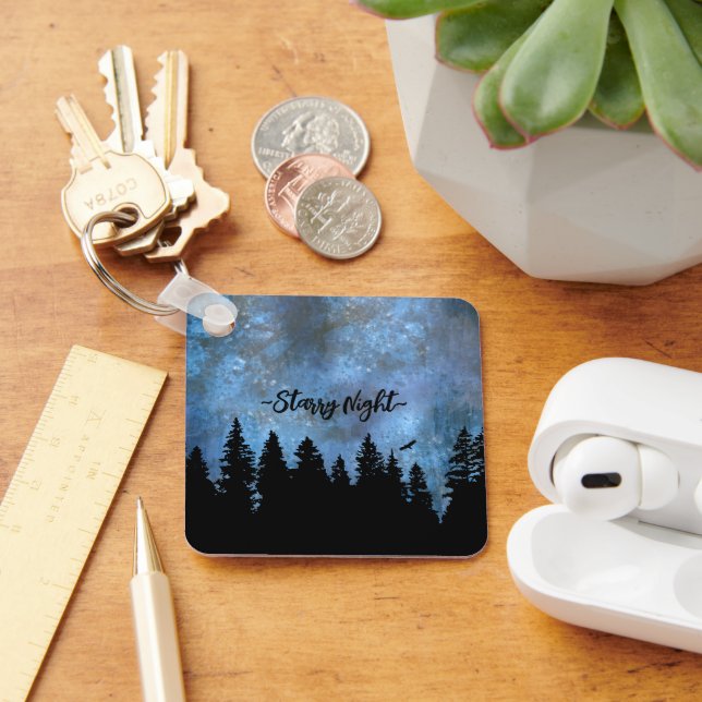 Custom Text Pine Forest Night Keychain (Desk)