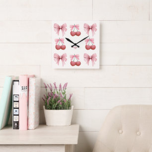 Custom Text Pink Bows and Cherries Girly Coquette Square Wall Clock