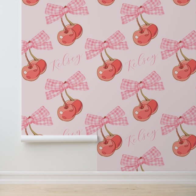 Custom Text Pink Coquette Bows and Cherries Wallpaper (Application)