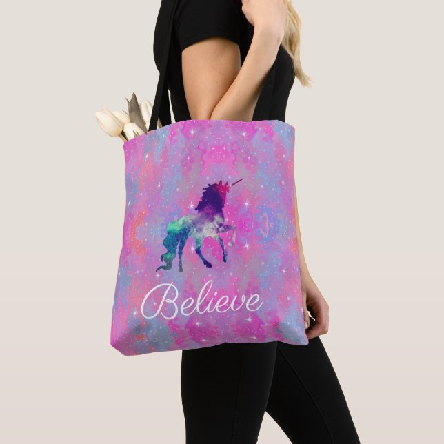 Custom Text Pink/Purple Galaxy Unicorn Tote Bag (Close Up)