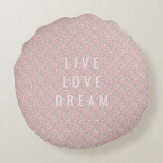 Custom Text Pink Rose and Leaf Round Pillow