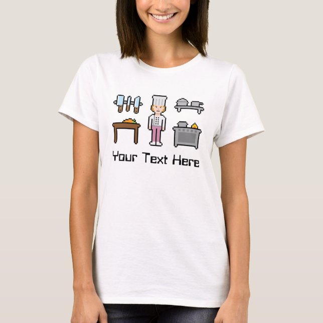 Custom Text Pixel Chef Girl T-Shirt (Front)