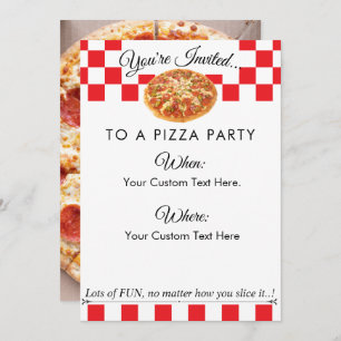 Custom Text Pizza Party Fun Red White Chequered Invitation