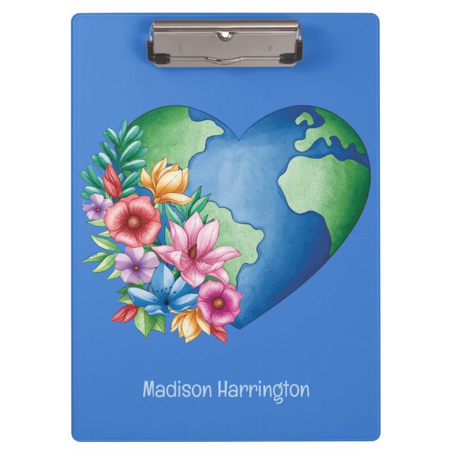 Custom Text Planet Earth Heart Clipboard (Front)