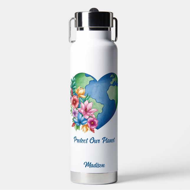 Custom Text Planet Earth Heart Water Bottle (Front)