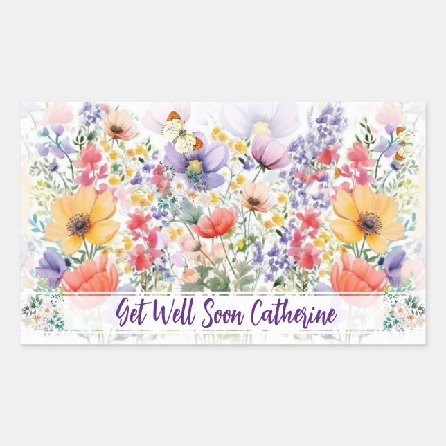 Custom Text Pretty Delicate Floral Get Well Sticker (Front)