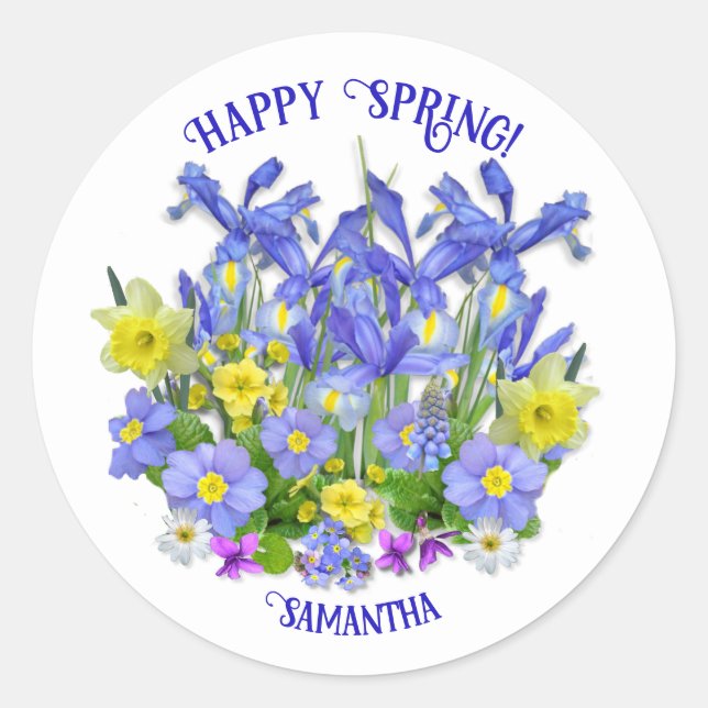 Custom Text Pretty Spring Flowers  Classic Round Sticker (Front)