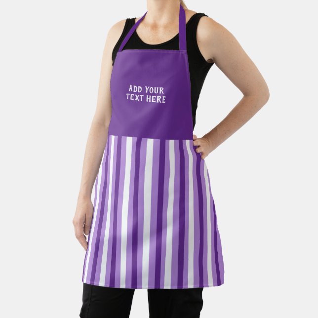 Custom text purple white striped  apron (Insitu)