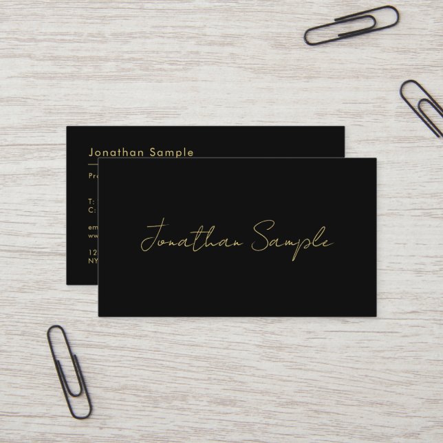 Custom Text QR Code Elegant Minimal Black Gold Business Card (Front/Back In Situ)