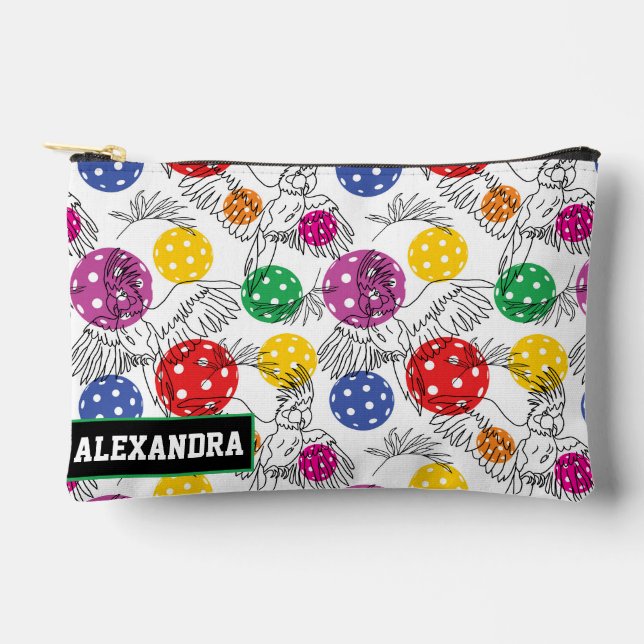 Custom text Rainbow Cockatoos & Pickleballs  Accessory Pouch (Front)