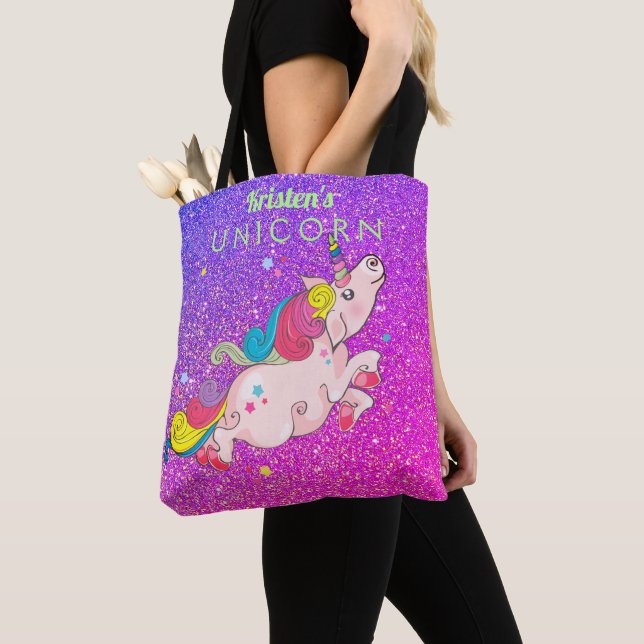 Custom Text/ Rainbow Kawaii Unicorn Glitter Ombre Tote Bag (Close Up)