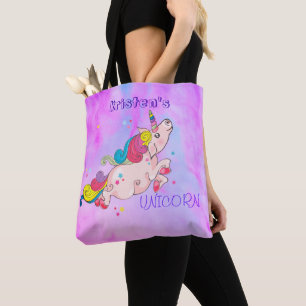 Custom Text/ Rainbow Kawaii Unicorn Watercolor Tote Bag