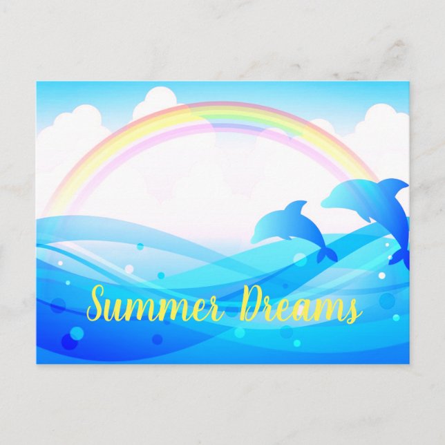 Custom Text Rainbow Summer Magic Blue Dolphins Postcard (Front)