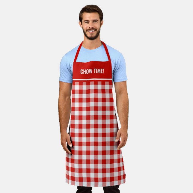 Custom Text Red and White Buffalo Plaid Apron (Worn)