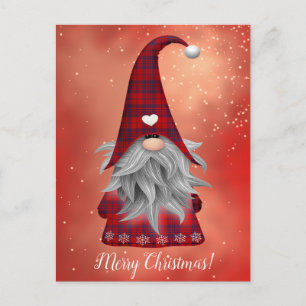Custom Text Red Plaid Gnome & Snowflakes Holiday Postcard