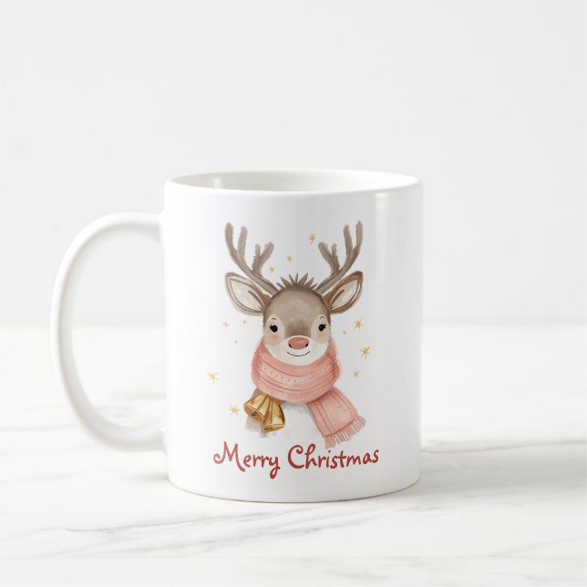 Custom Text Reindeer Wearing A Pink Scarf Coffee Mug (Left)