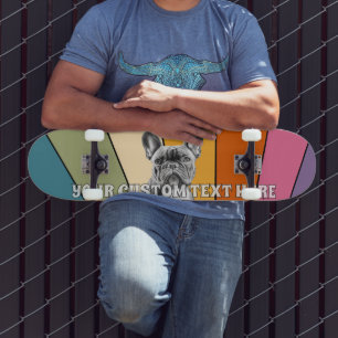 Custom Text Retro Rad Cool Rainbow French Bulldog Skateboard