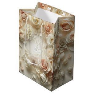 Custom Text Romantic Floral Art with Roses Medium Gift Bag