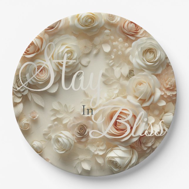 Custom Text Romantic Floral Art with Roses Paper Plate (Front)