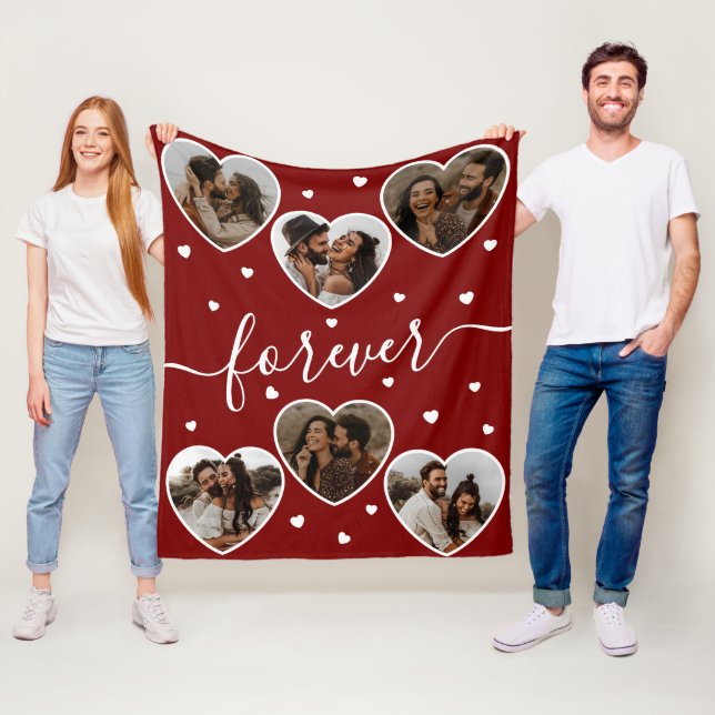 Custom Text Romantic Heart Photo Collage Fleece Blanket (In Situ)