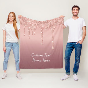 Custom Text Rose Gold Blush Glitter Sparkle Drips  Fleece Blanket