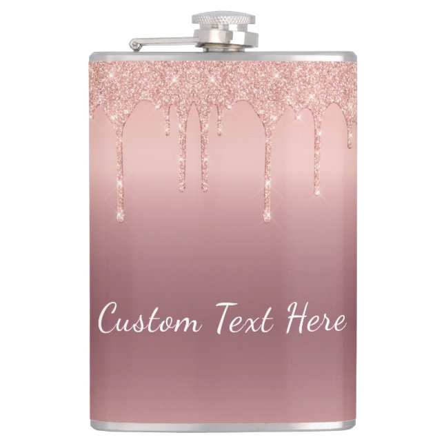 Custom Text Rose Gold Blush Glitter Sparkle Drips Hip Flask (Front)