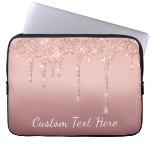 Custom Text Rose Gold Blush Glitter Sparkle Drips  Laptop Sleeve