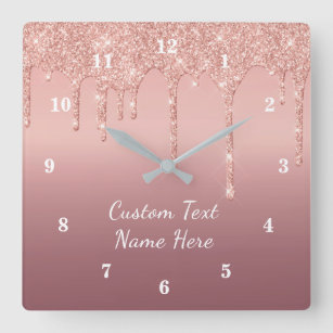 Custom Text Rose Gold Blush Glitter Sparkle Drips  Square Wall Clock