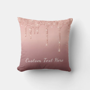 Custom Text Rose Gold Blush Glitter Sparkle Drips Throw Pillow