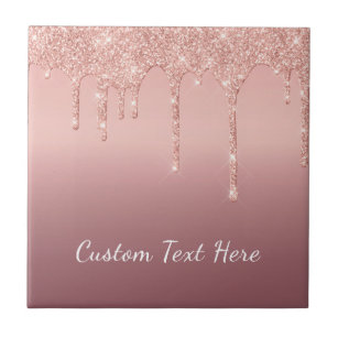 Custom Text Rose Gold Blush Glitter Sparkle Drips  Tile