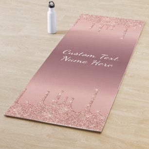 Custom Text Rose Gold Blush Glitter Sparkle Drips Yoga Mat