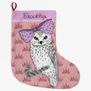 Custom Text / Rose Gold Glitter Blush Pastel Owl Large Christmas Stocking