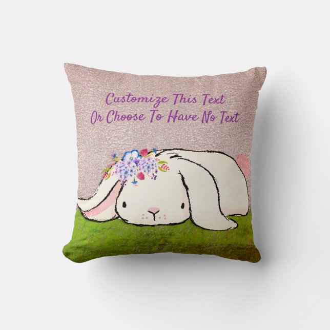 Custom Text/ Rose Gold Glitter Watercolor Bunny Throw Pillow (Front)