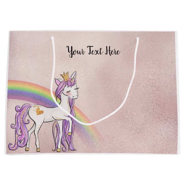 Custom Text/ Rose Gold White Unicorn Rainbow Large Gift Bag (Front)
