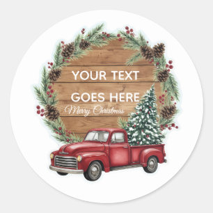 Custom Text Rustic Red Truck Christmas Wreath Classic Round Sticker