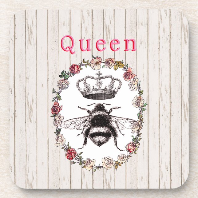 Custom Text/ Rustic Wood Country Wreath Crown Bee Coaster (Front)