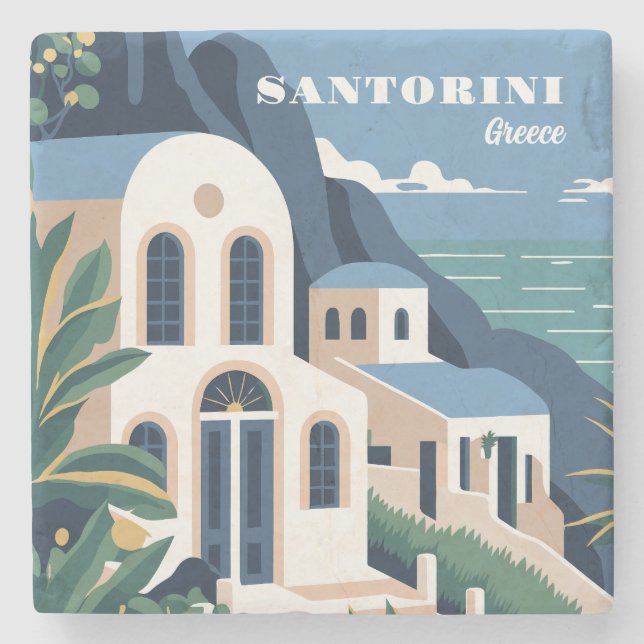 Custom Text Santorini Greece Stone Coaster (Front)