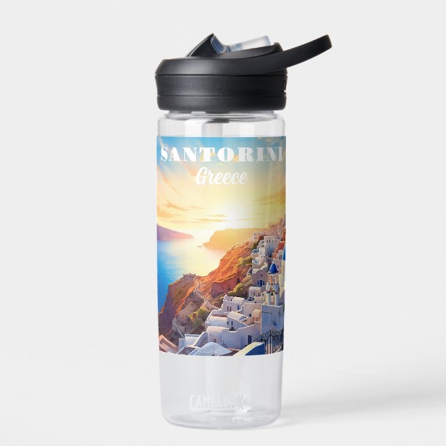 Custom Text Santorini Greece Sunset Water Bottle (Left)